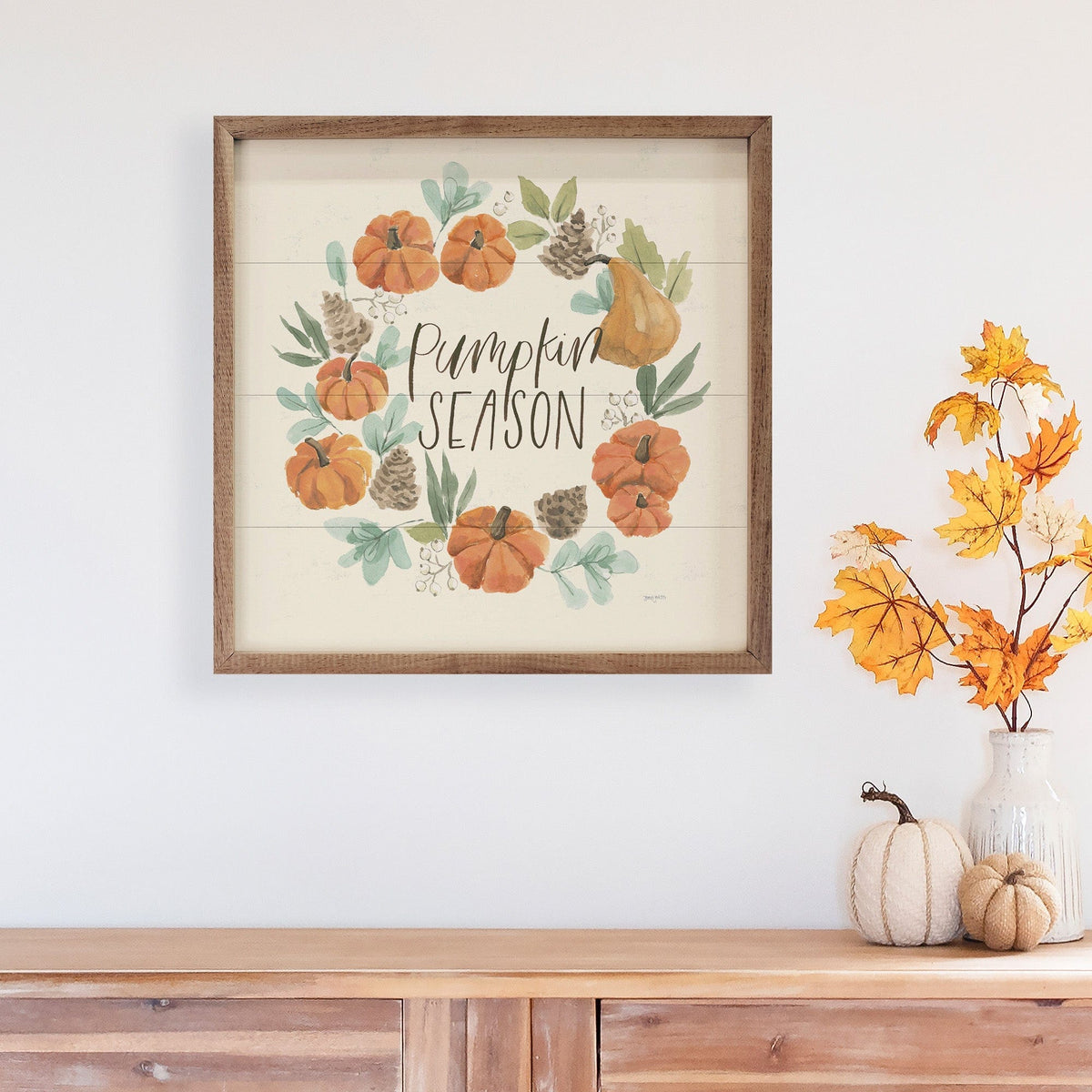 Kendrick Home Walnut Frames Hello Pumpkin II Season Wreath By Jenaya Jackson Printed and Framed Wall Sign