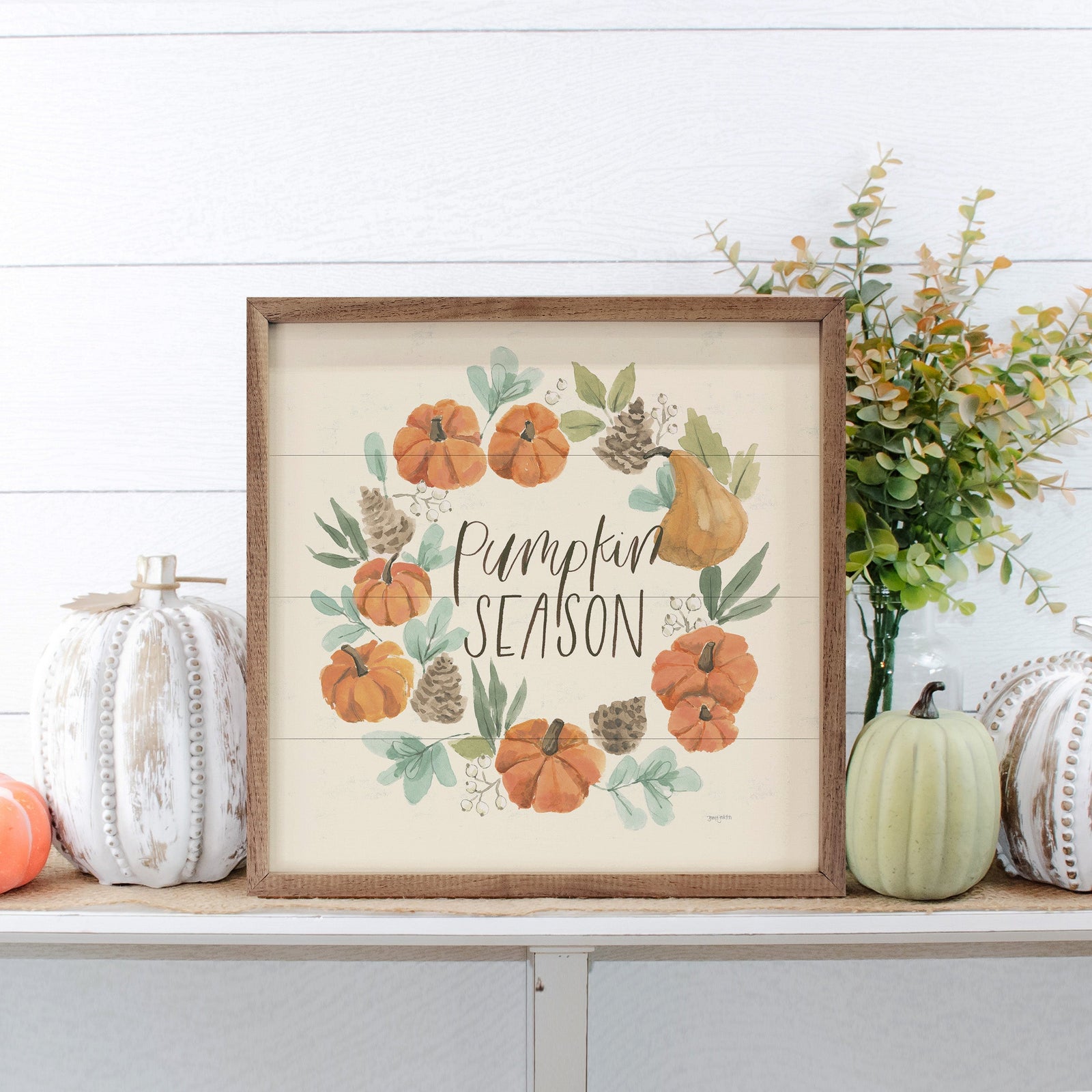Kendrick Home Walnut Frames 4x4 Hello Pumpkin II Season Wreath By Jenaya Jackson Printed and Framed Wall Sign