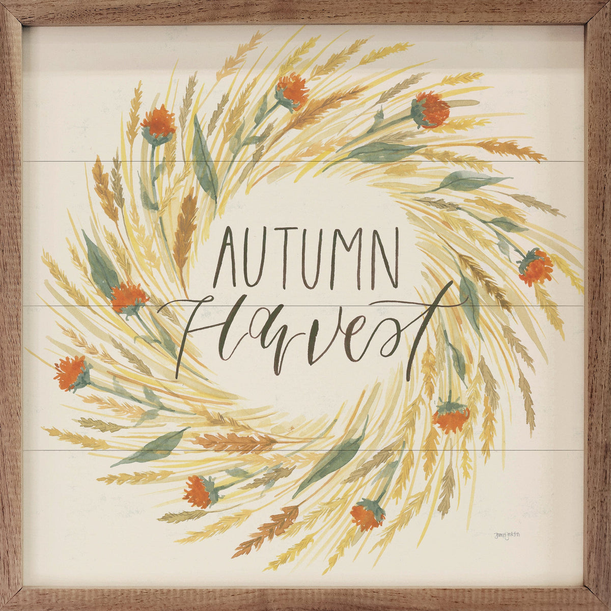 Kendrick Home Walnut Frames 4x4 Hello Pumpkin III Harvest Wreath By Jenaya Jackson Printed and Framed Wall Sign