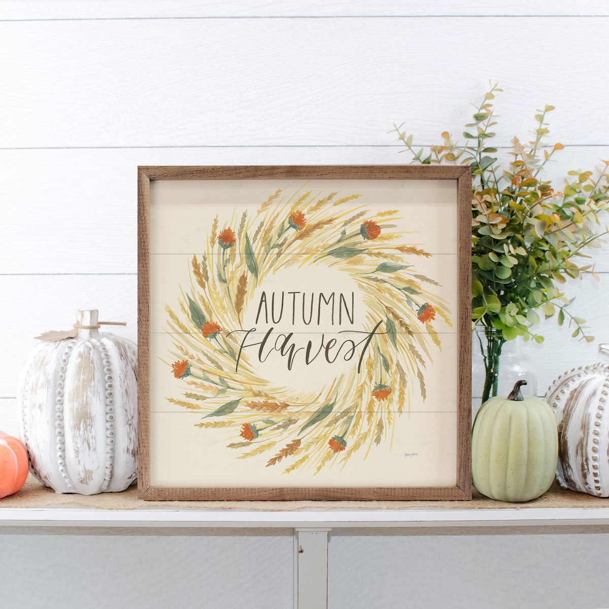 Kendrick Home Walnut Frames Hello Pumpkin III Harvest Wreath By Jenaya Jackson Printed and Framed Wall Sign
