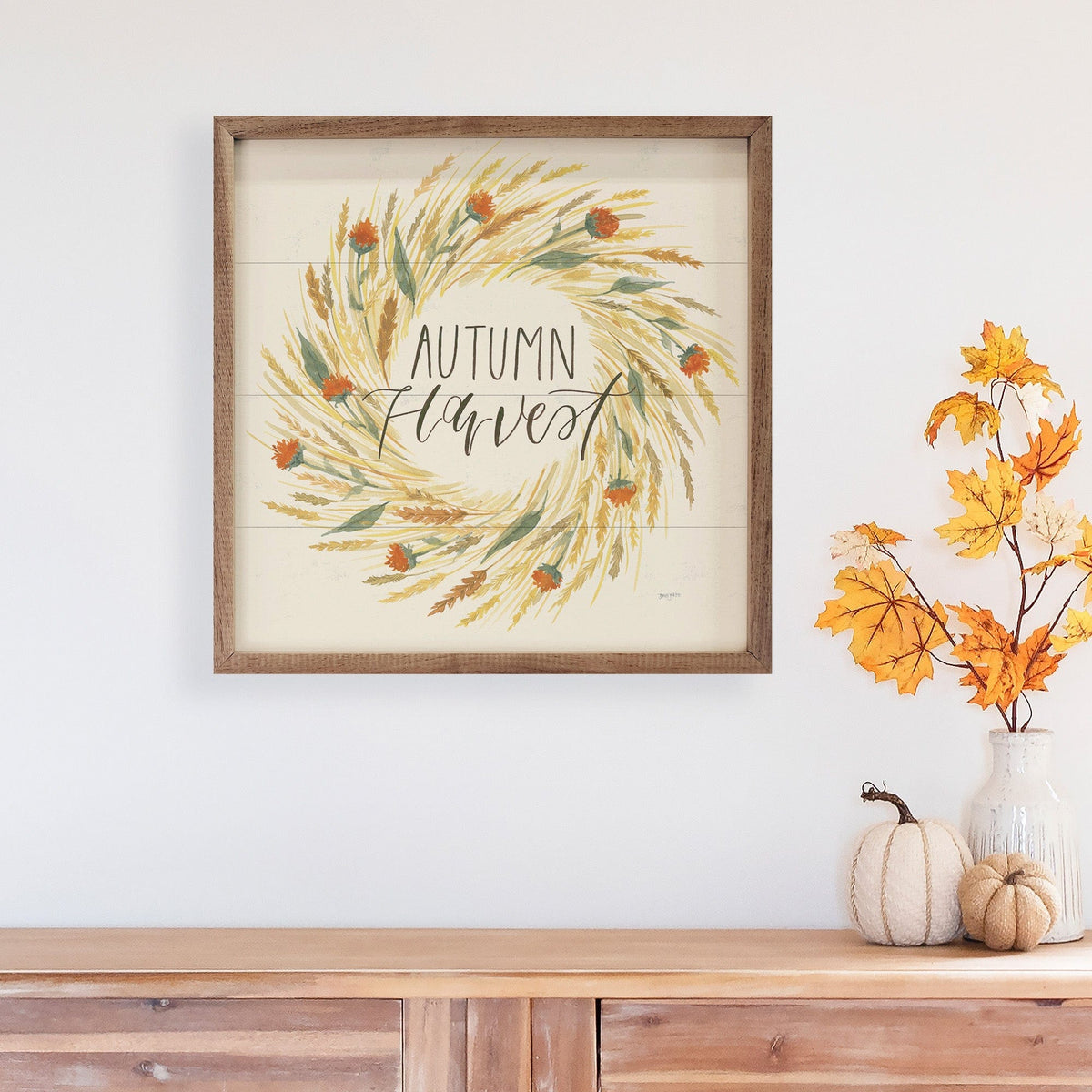 Kendrick Home Walnut Frames Hello Pumpkin III Harvest Wreath By Jenaya Jackson Printed and Framed Wall Sign