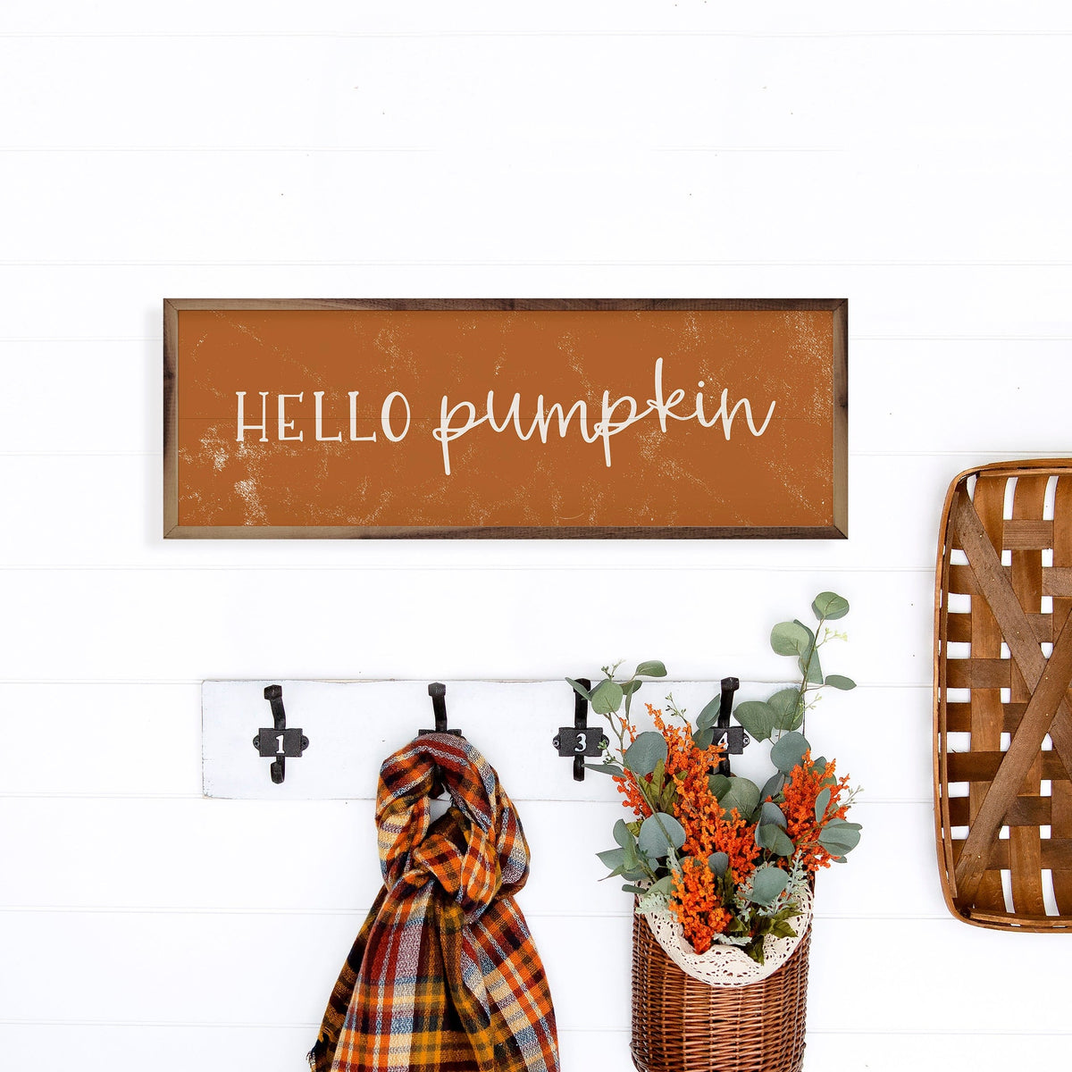 Kendrick Home Walnut Frames Hello Pumpkin Orange Printed and Framed Wall Sign