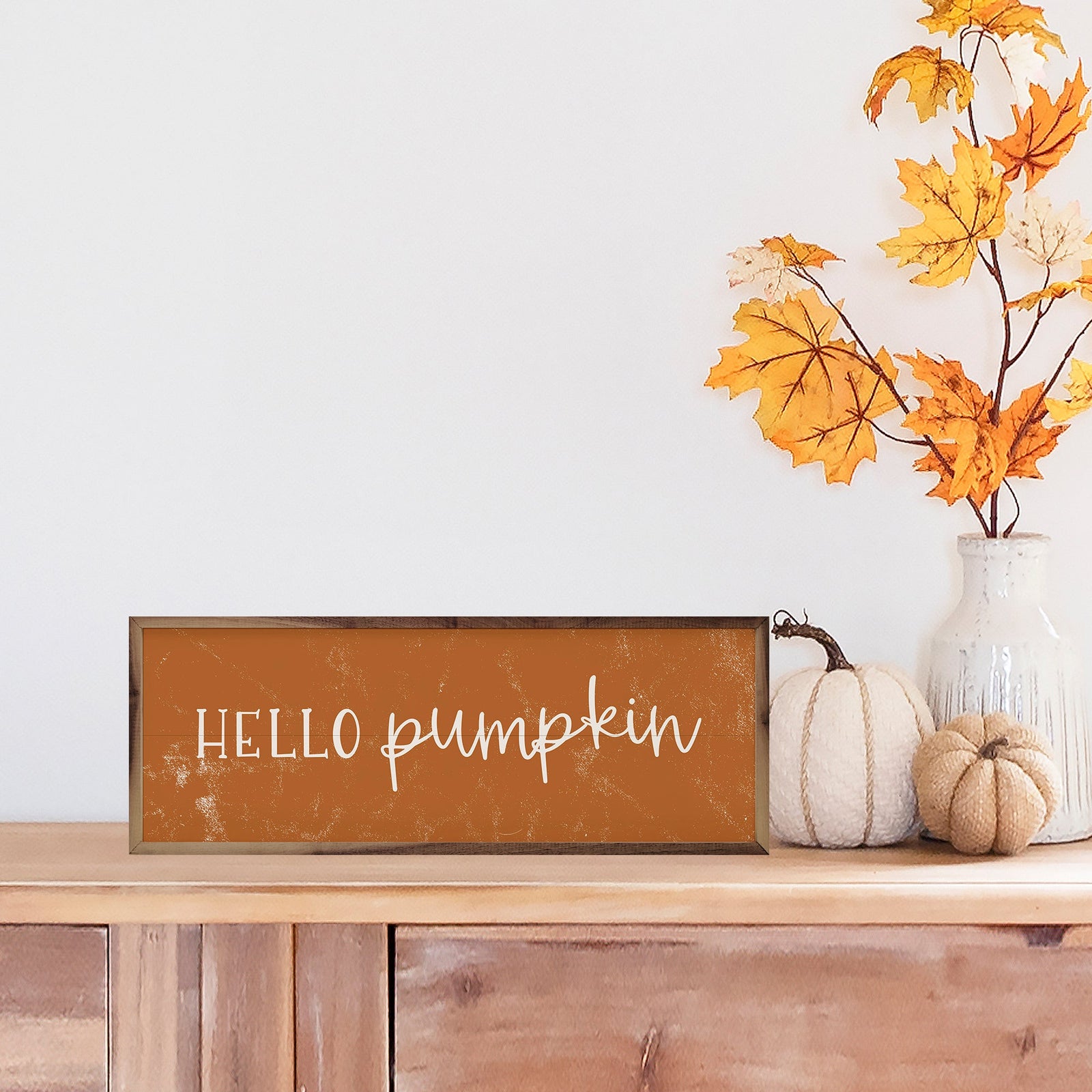Kendrick Home Walnut Frames 12x4 Hello Pumpkin Orange Printed and Framed Wall Sign