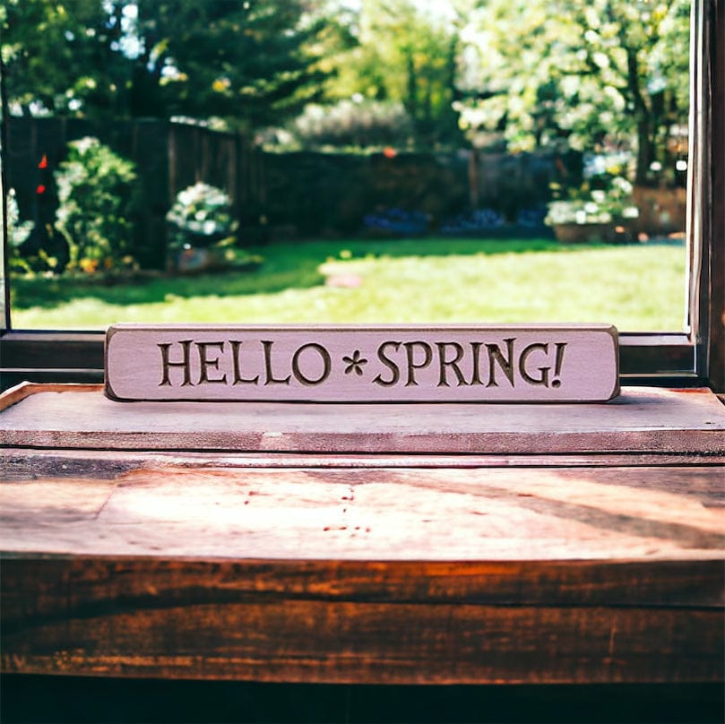 Hello Spring! Sign - Engraved Wood 12&quot; Long