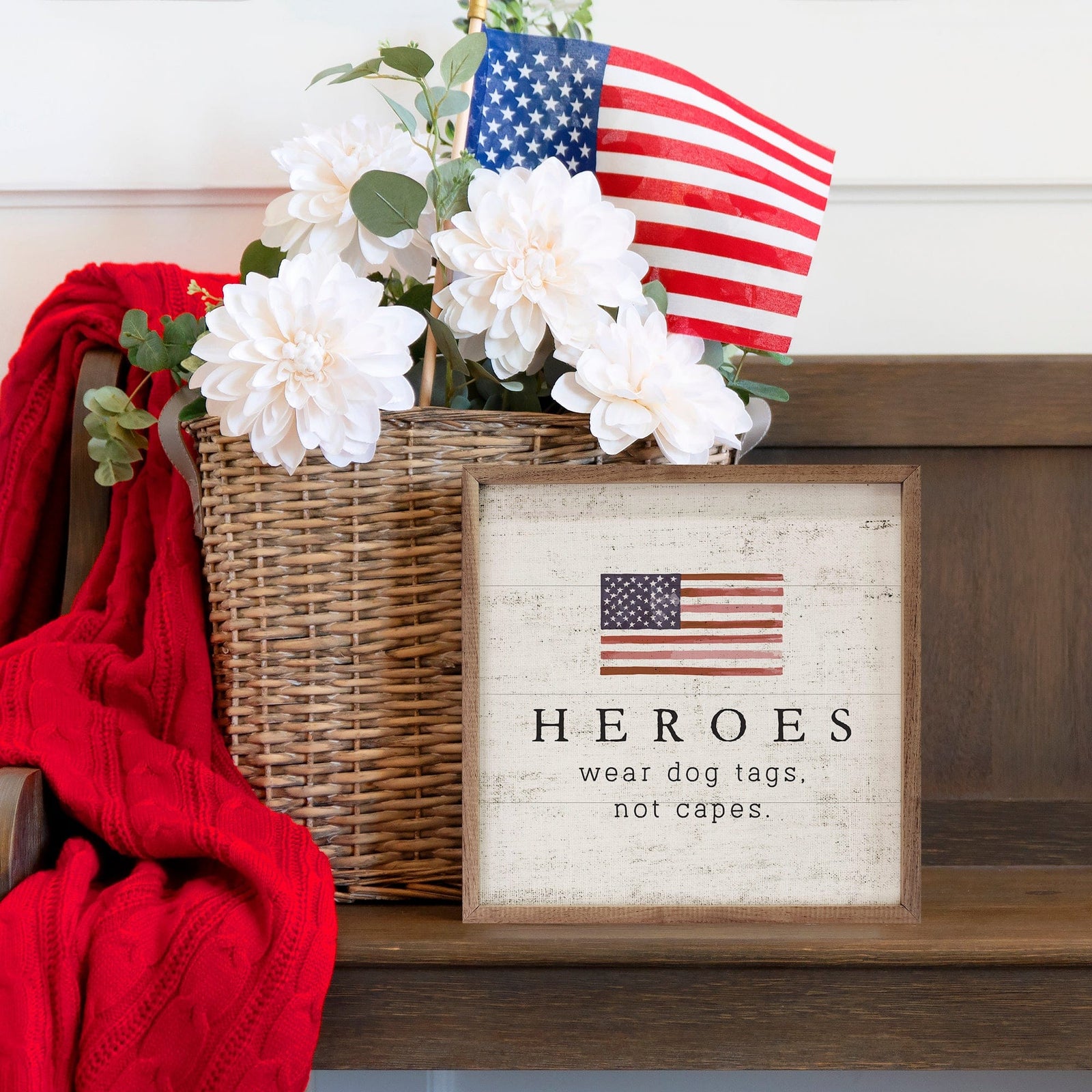 Kendrick Home Walnut Frames Sizes Heroes Flag Whitewash Printed and Framed Wall Sign