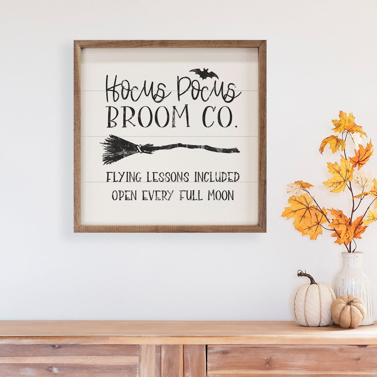 Kendrick Home Walnut Frames Hocus Pocus Broom Co White Printed and Framed Wall Sign