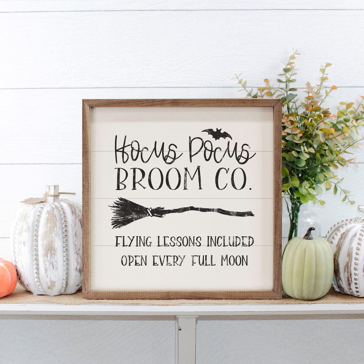 Kendrick Home Walnut Frames Hocus Pocus Broom Co White Printed and Framed Wall Sign