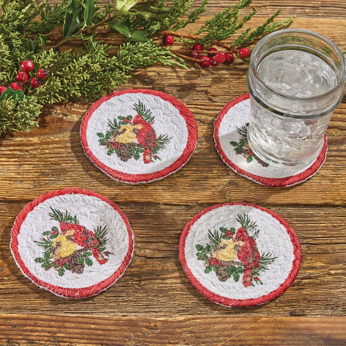 Holiday Cardinal Love Braided & Printed Coaster Round Set of 4