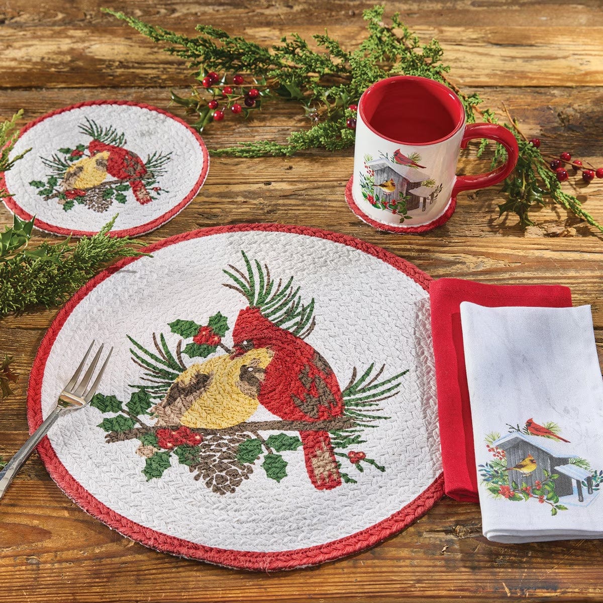 Holiday Cardinal Love Braided & Printed Placemat Round Set of 2
