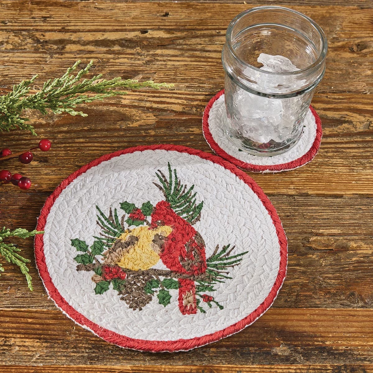 Holiday Cardinal Love Braided & Printed Trivet 8" Diameter Round Set of 2
