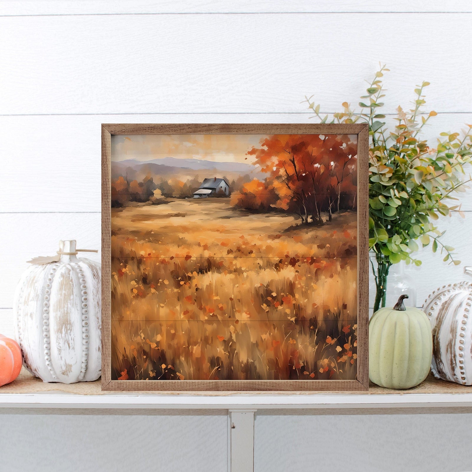 Kendrick Home Walnut Frames 4x4 House Amongst The Autumn Field Printed and Framed Wall Sign