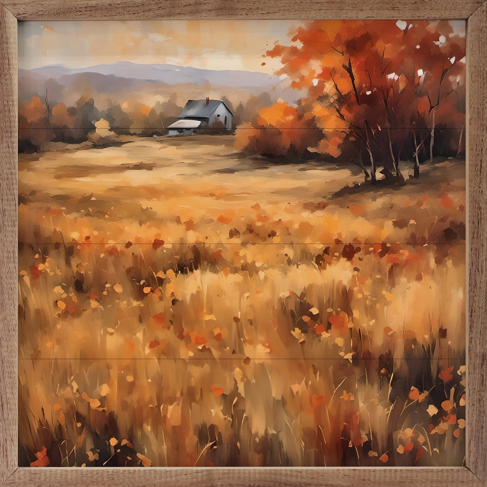 Kendrick Home Walnut Frames 4x4 House Amongst The Autumn Field Printed and Framed Wall Sign