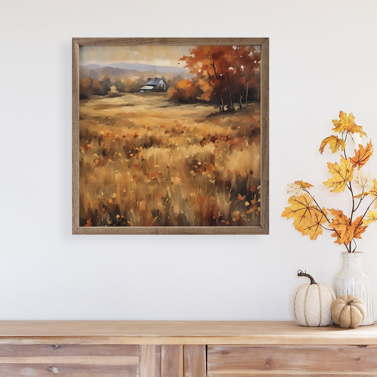 Kendrick Home Walnut Frames House Amongst The Autumn Field Printed and Framed Wall Sign