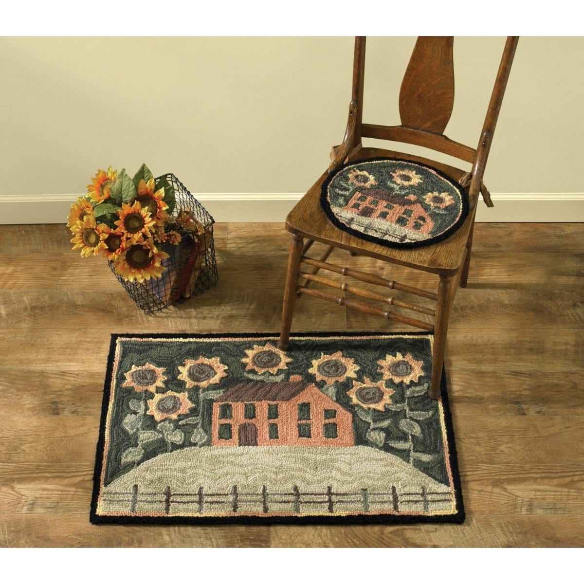House & Sunflowers Hooked Chair Pad 14.5" Diameter Round-Park Designs-The Village Merchant