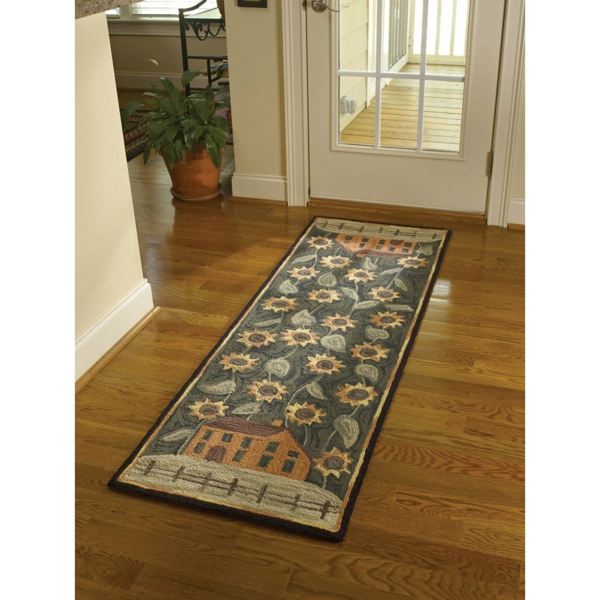 House & Sunflowers Hooked Rug 24" x 72" Runner-Park Designs-The Village Merchant