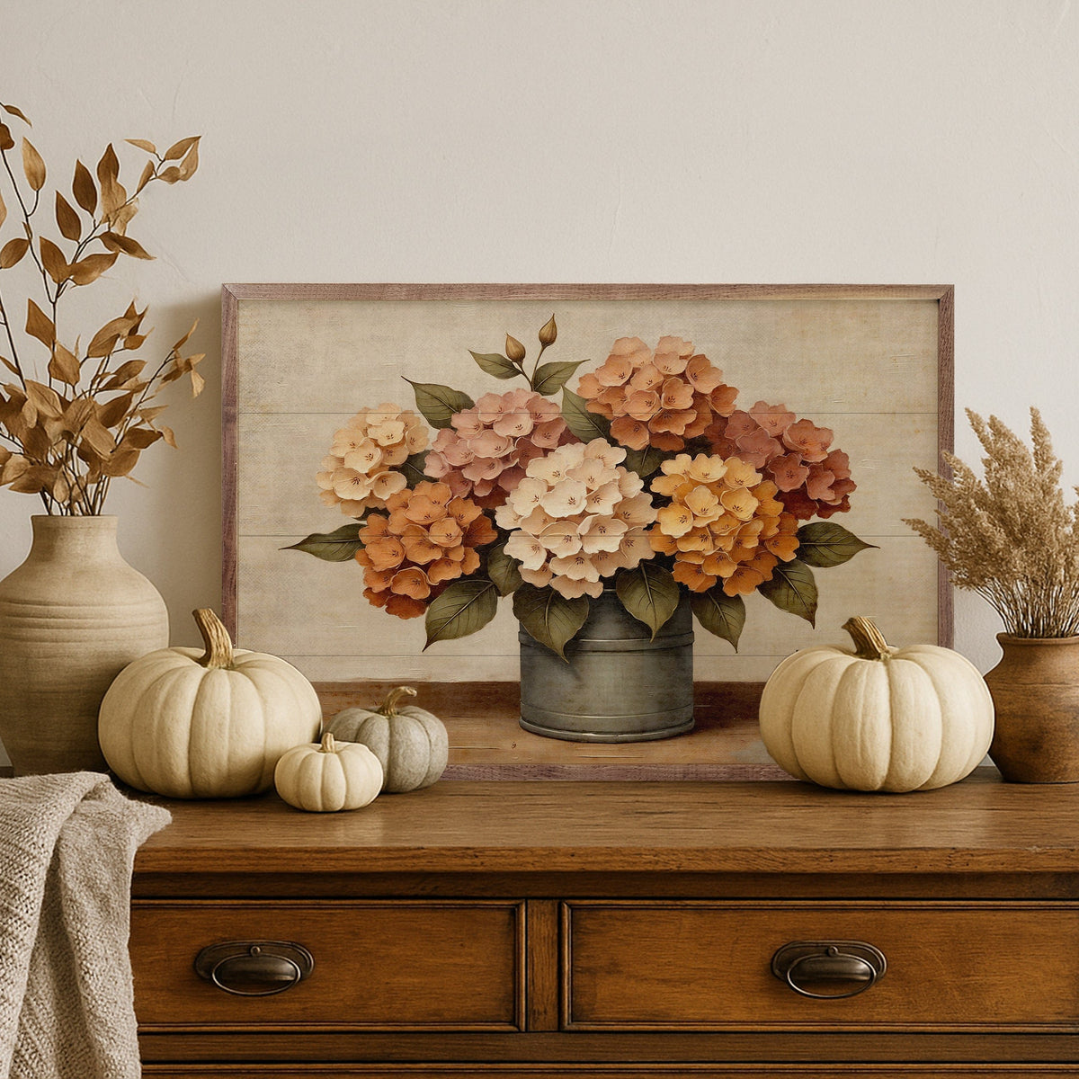 Kendrick Home Walnut Frames Hydrangea Fall Bouquet Printed and Framed Wall Sign