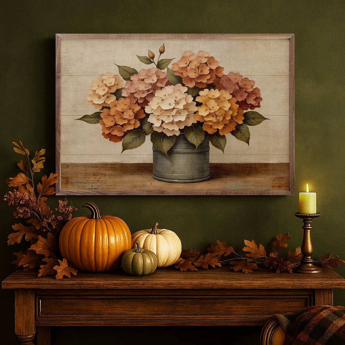 Kendrick Home Walnut Frames Hydrangea Fall Bouquet Printed and Framed Wall Sign