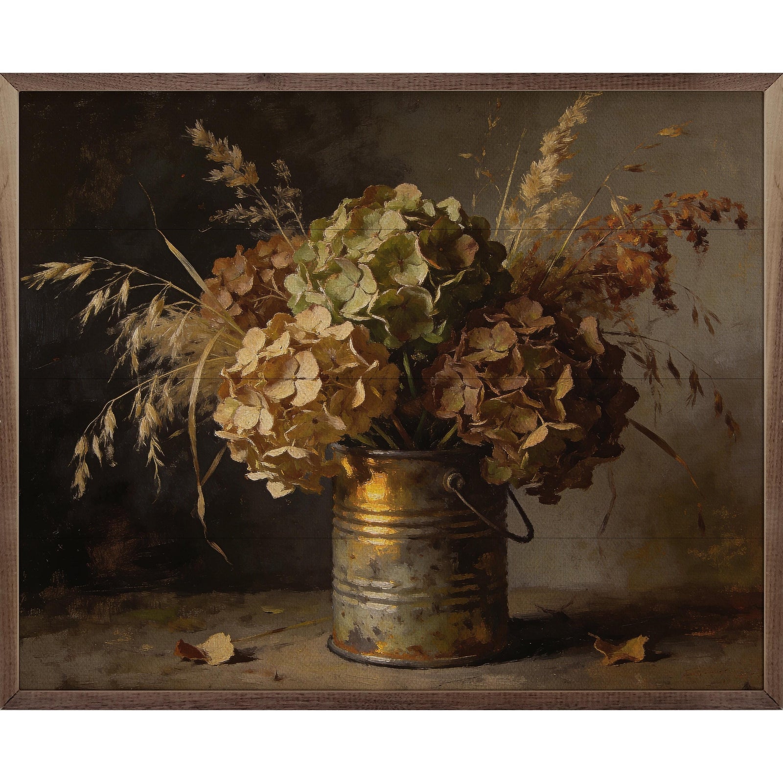 Kendrick Home Walnut Frames 10x8 Hydrangeas And Grass Arrangement Printed and Framed Wall Sign