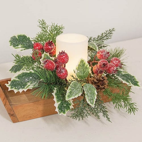 Icy Winterberry Holly and Pine Candle Ring / Wreath 4&quot; Inner Diameter