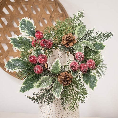 Icy Winterberry Holly and Pine Candle Ring / Wreath 4&quot; Inner Diameter