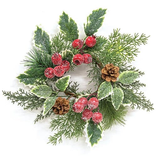 Icy Winterberry Holly and Pine Candle Ring / Wreath 4&quot; Inner Diameter