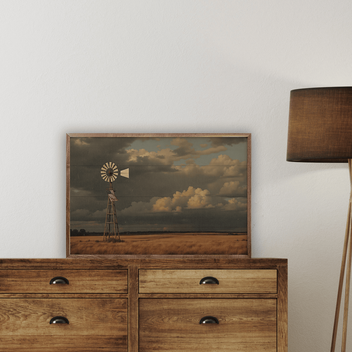 Kendrick Home Walnut Frames Incoming Prairie Storm Flag Windmill Printed and Framed Wall Sign