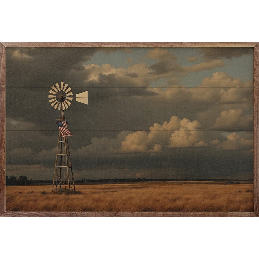 Kendrick Home Walnut Frames Incoming Prairie Storm Flag Windmill Printed and Framed Wall Sign