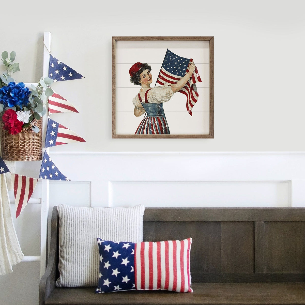 Kendrick Home Walnut Frames Independence Girl With Flag Printed and Framed Wall Sign