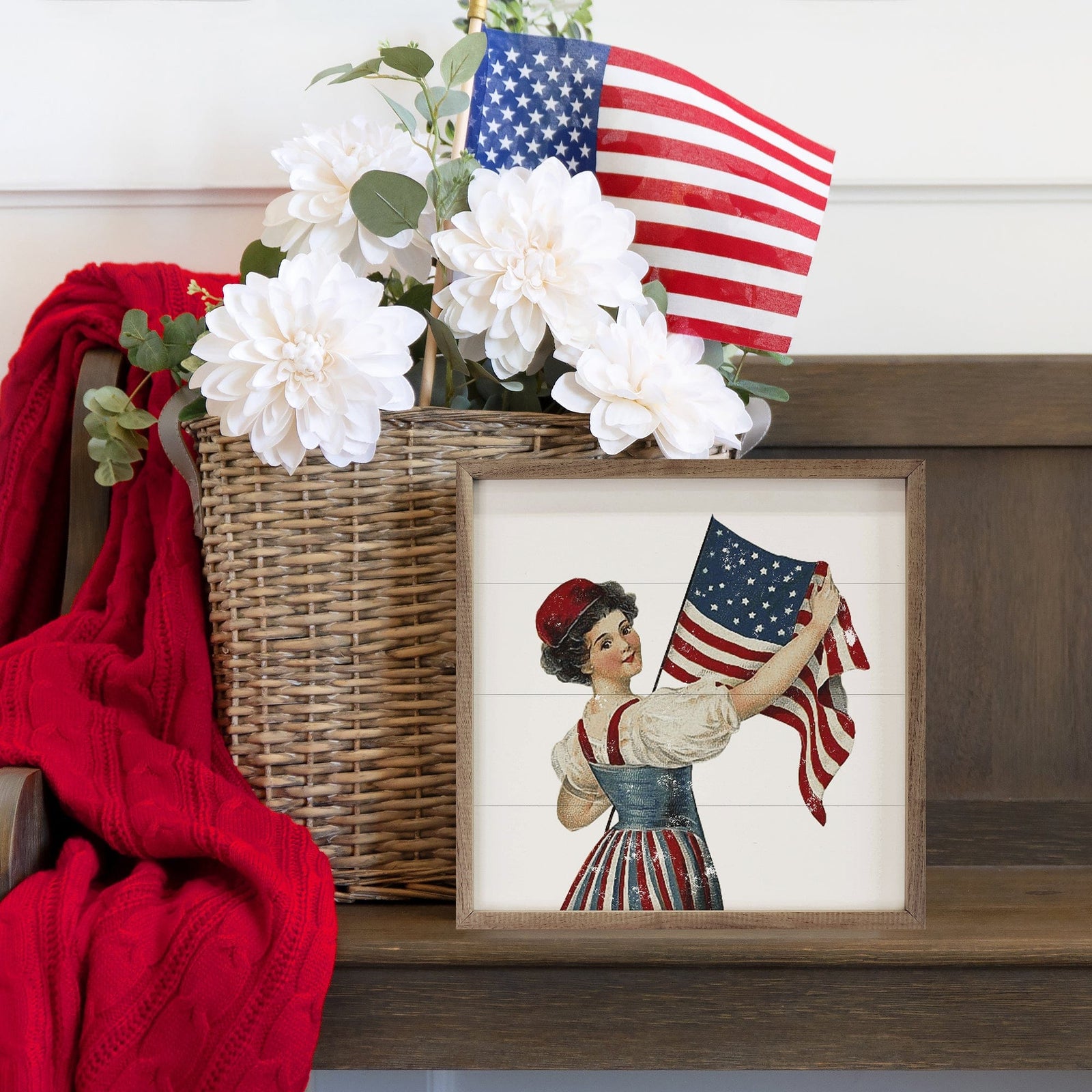 Kendrick Home Walnut Frames Sizes Independence Girl With Flag Printed and Framed Wall Sign
