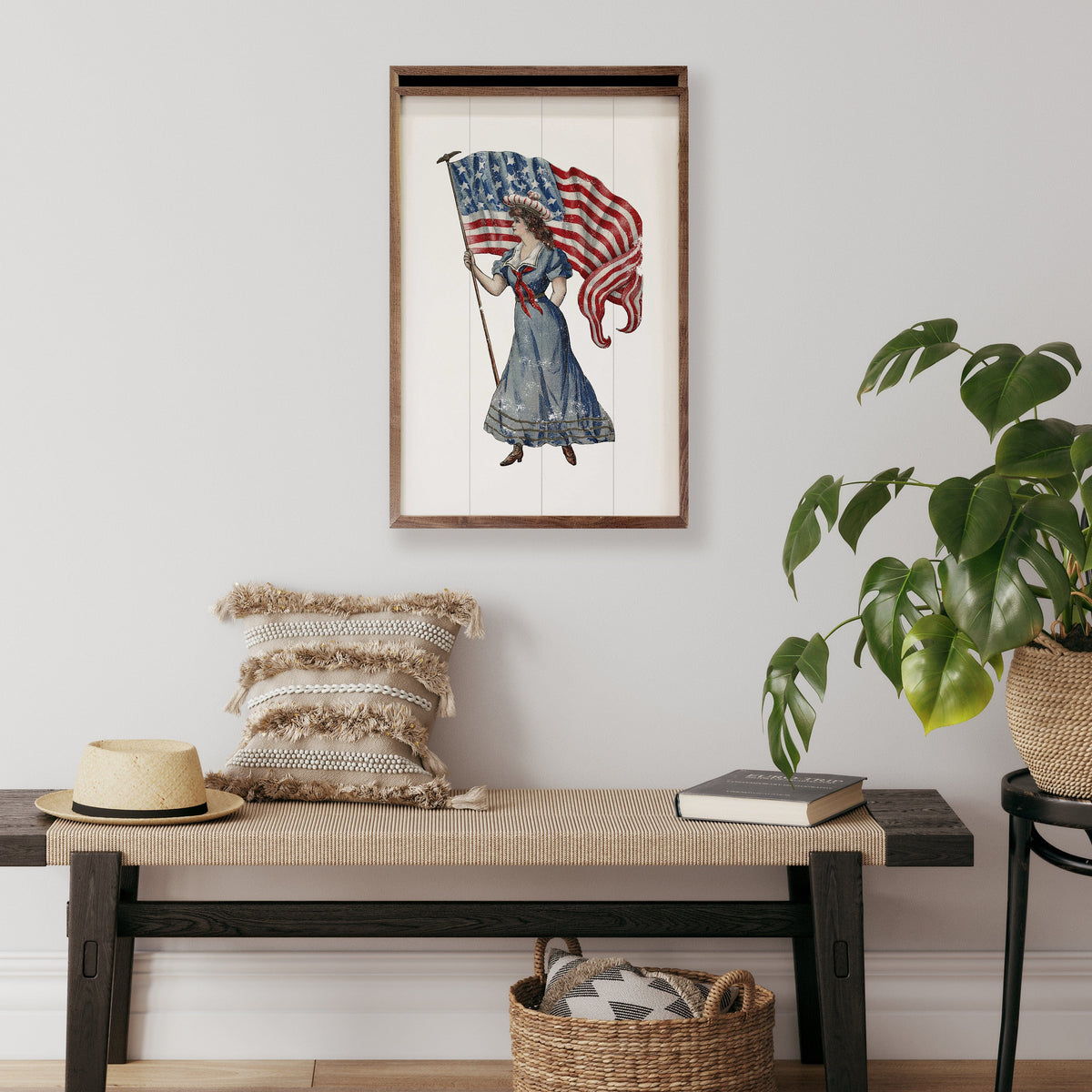 Kendrick Home Walnut Frames Independence Girl With Large Flag Printed and Framed Wall Sign