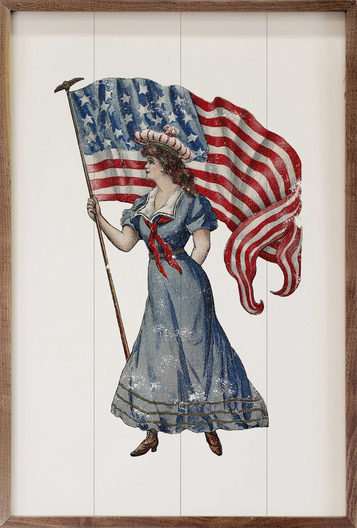 Kendrick Home Walnut Frames Sizes Independence Girl With Large Flag Printed and Framed Wall Sign