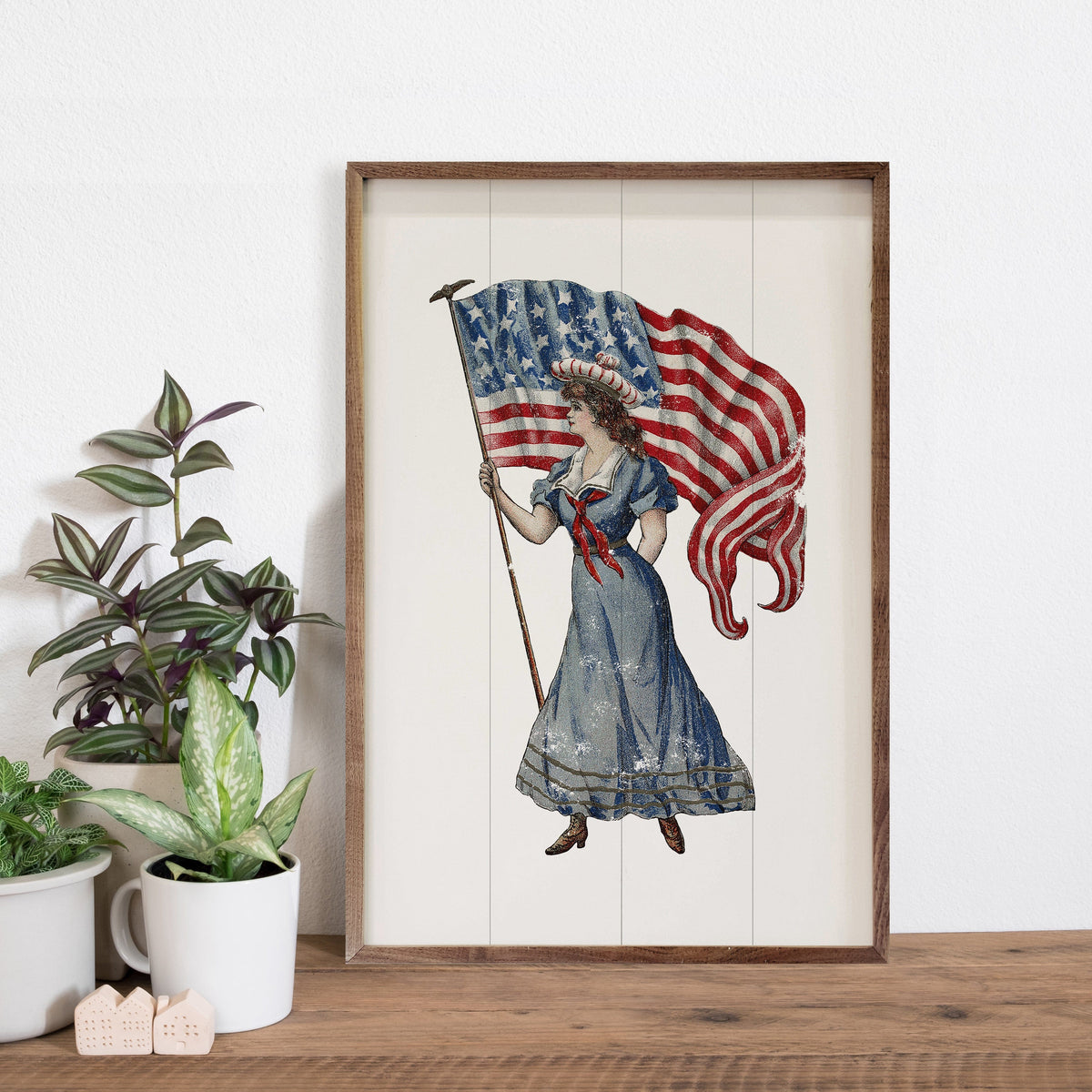Kendrick Home Walnut Frames Independence Girl With Large Flag Printed and Framed Wall Sign