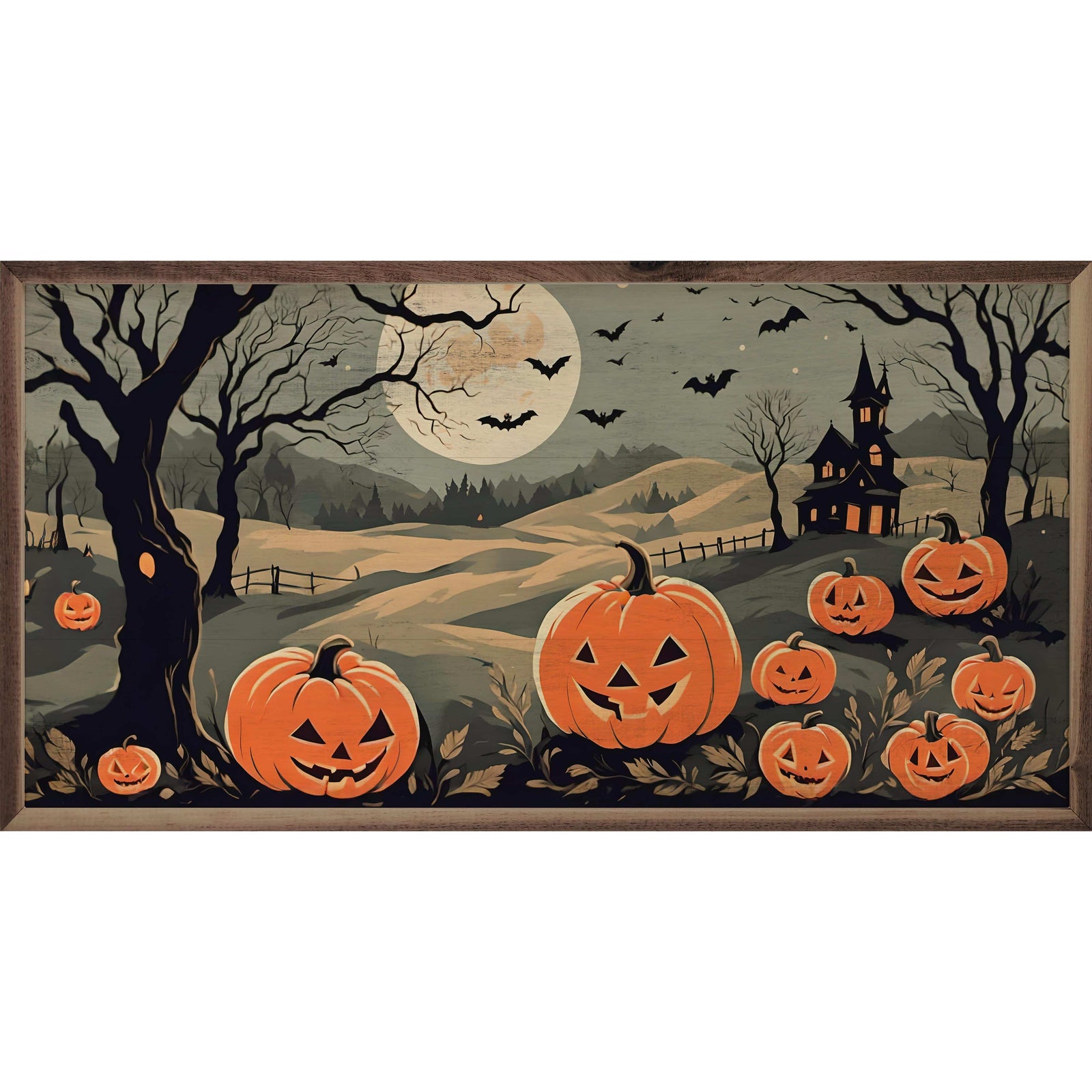 Kendrick Home Walnut Frames 16x8 Jack O Lantern Family Printed and Framed Wall Sign
