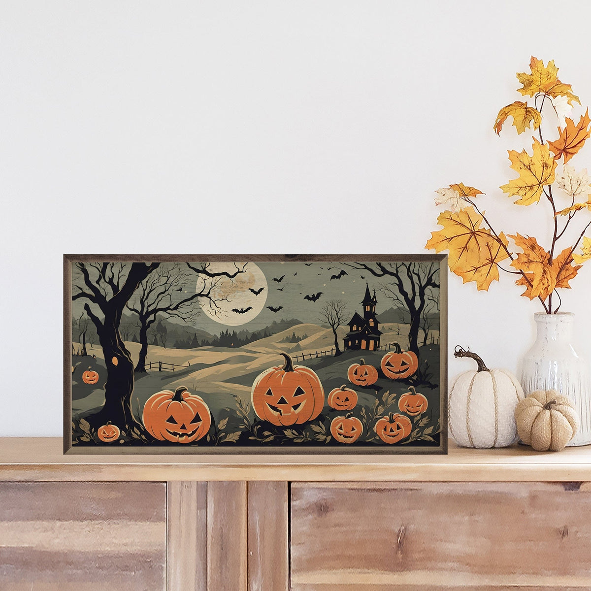 Kendrick Home Walnut Frames Jack O Lantern Family Printed and Framed Wall Sign