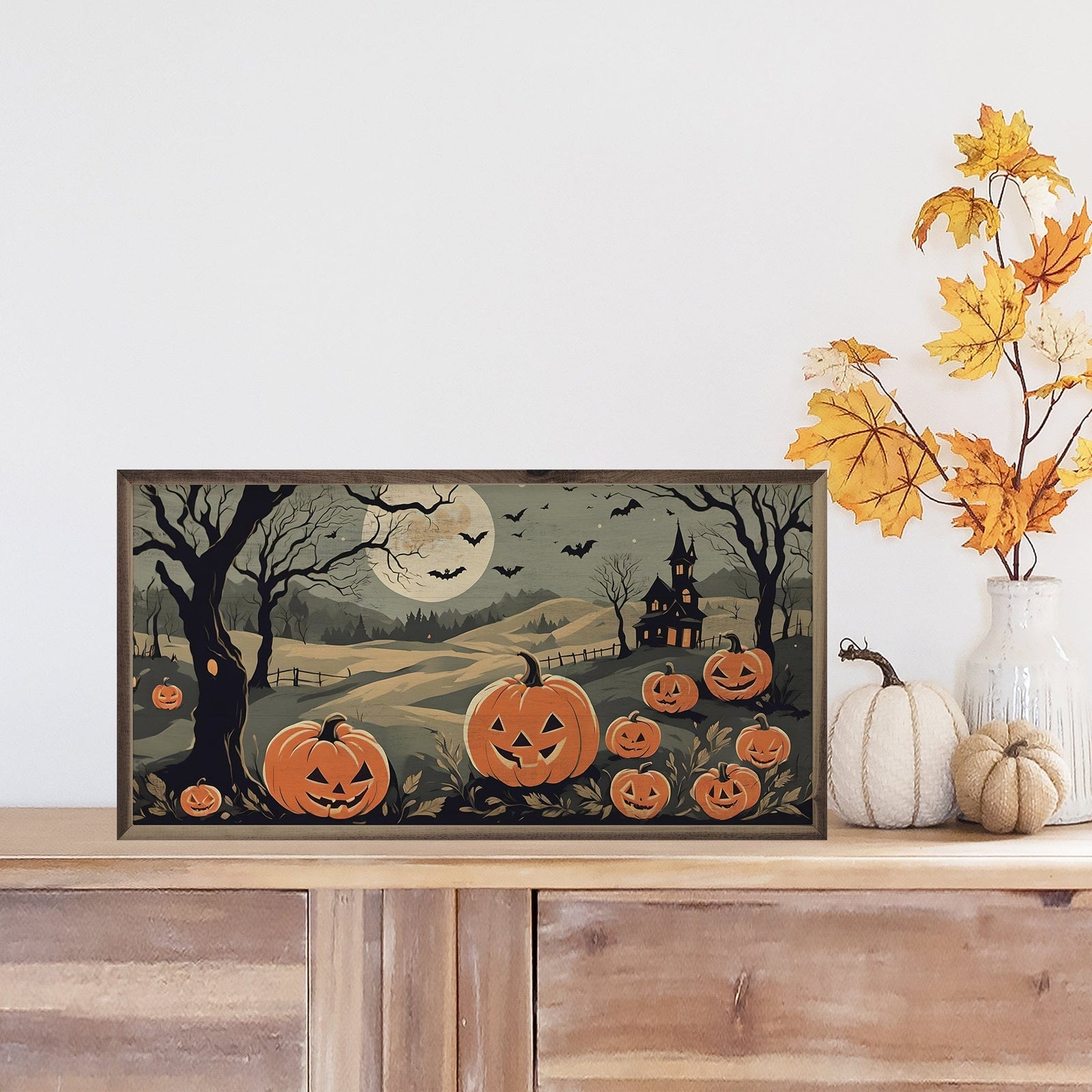 Kendrick Home Walnut Frames 16x8 Jack O Lantern Family Printed and Framed Wall Sign