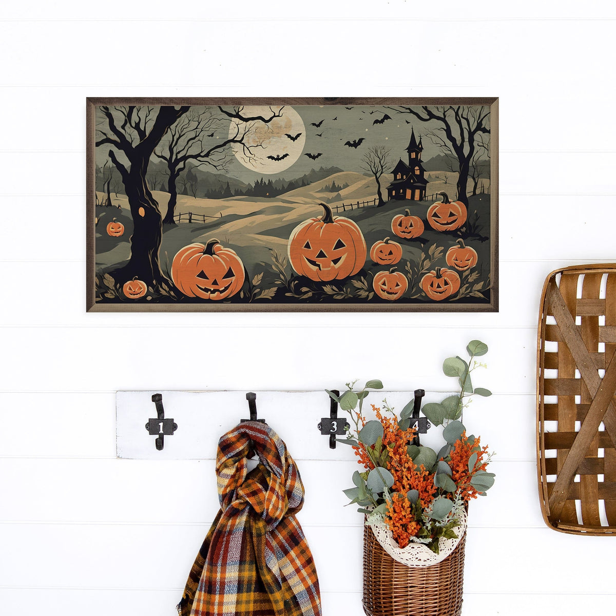 Kendrick Home Walnut Frames Jack O Lantern Family Printed and Framed Wall Sign