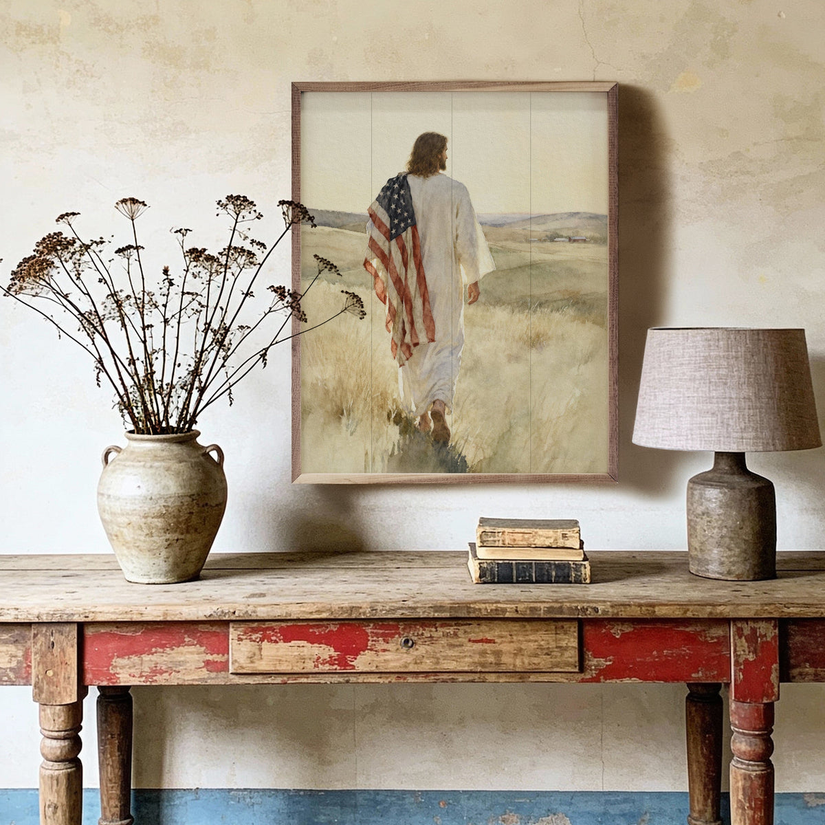 Kendrick Home Walnut Frames Jesus And The Flag Printed and Framed Wall Sign