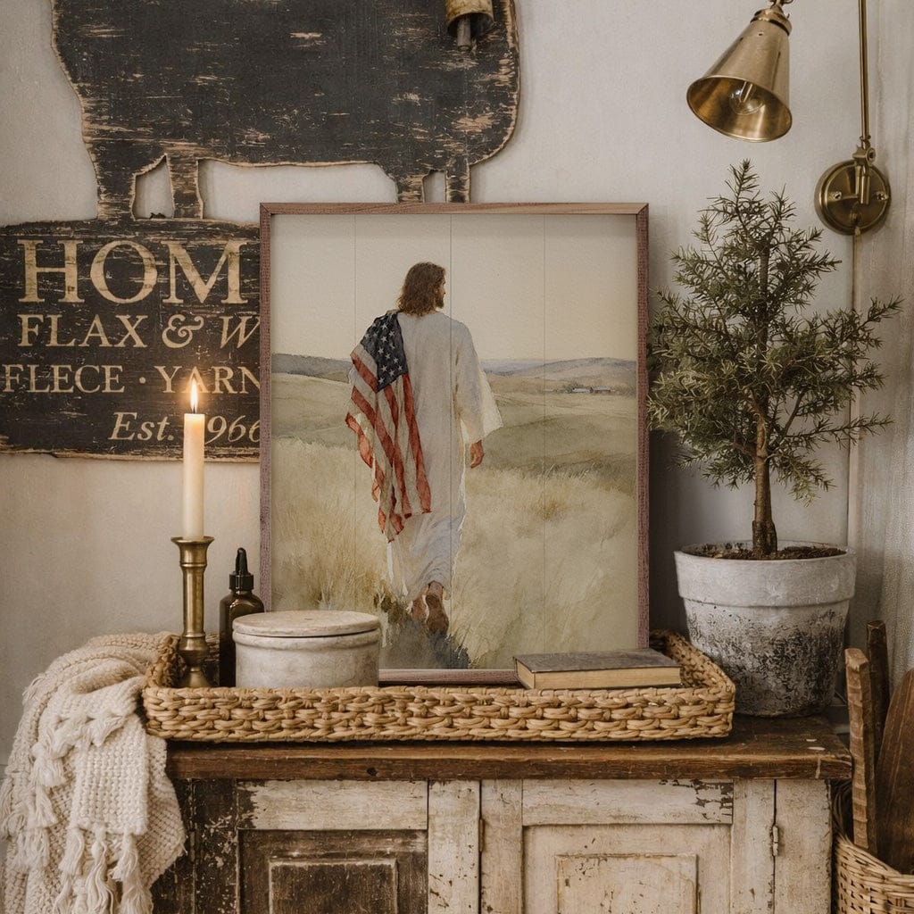 Kendrick Home Walnut Frames Jesus And The Flag Printed and Framed Wall Sign