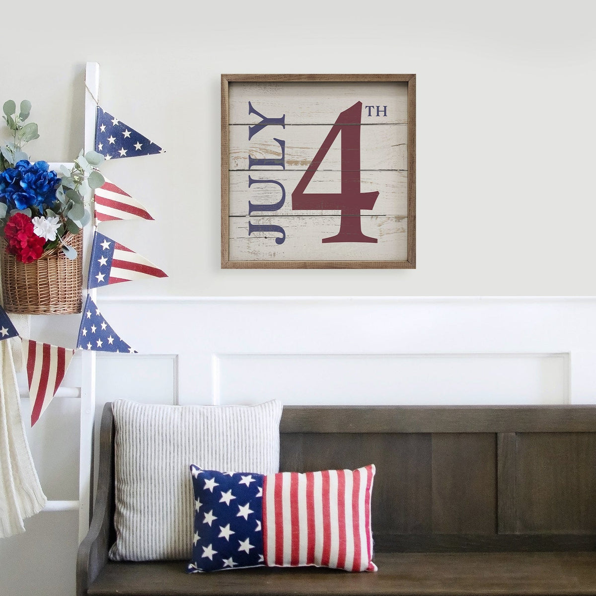 Kendrick Home Walnut Frames July 4th Whitewash Printed and Framed Wall Sign