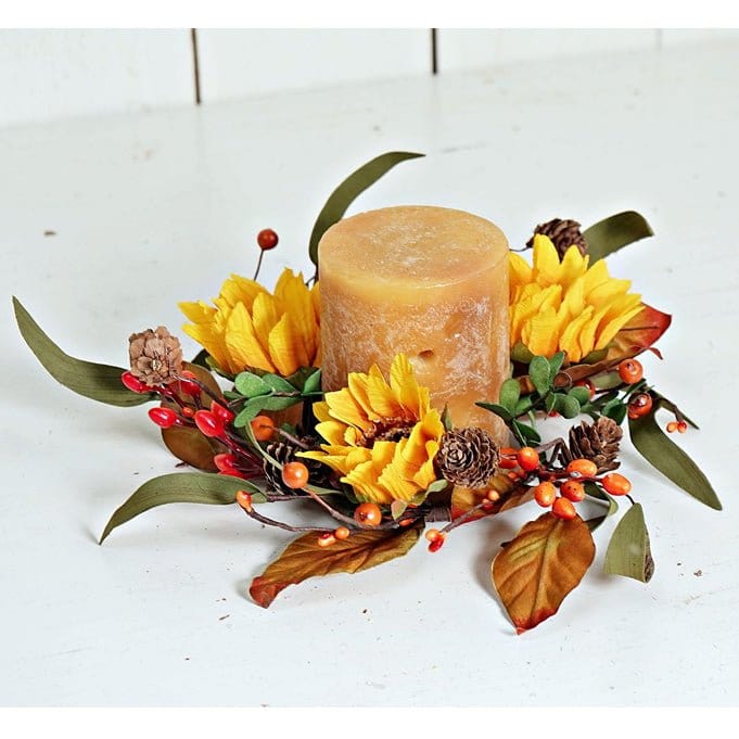 Jumbo Sunflower With Eucalyptus Seeds Candle Ring / Wreath 3.5" Inner Diameter-Impressive Enterprises-The Village Merchant