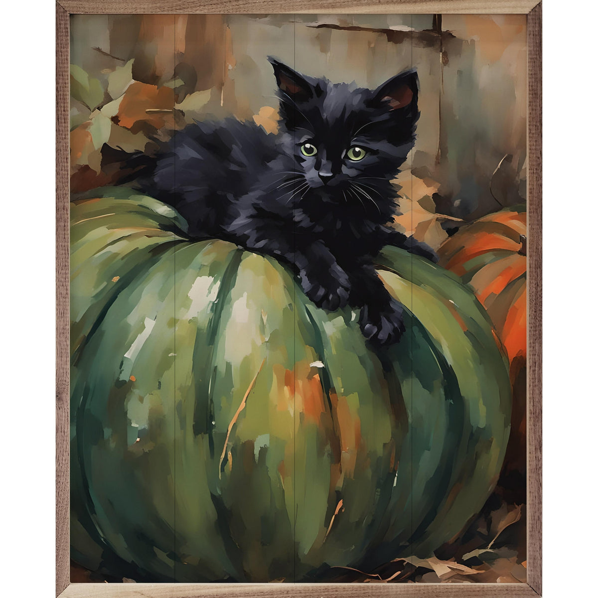 Kendrick Home Walnut Frames 8x10 Kitten On Green Pumpkin Printed and Framed Wall Sign
