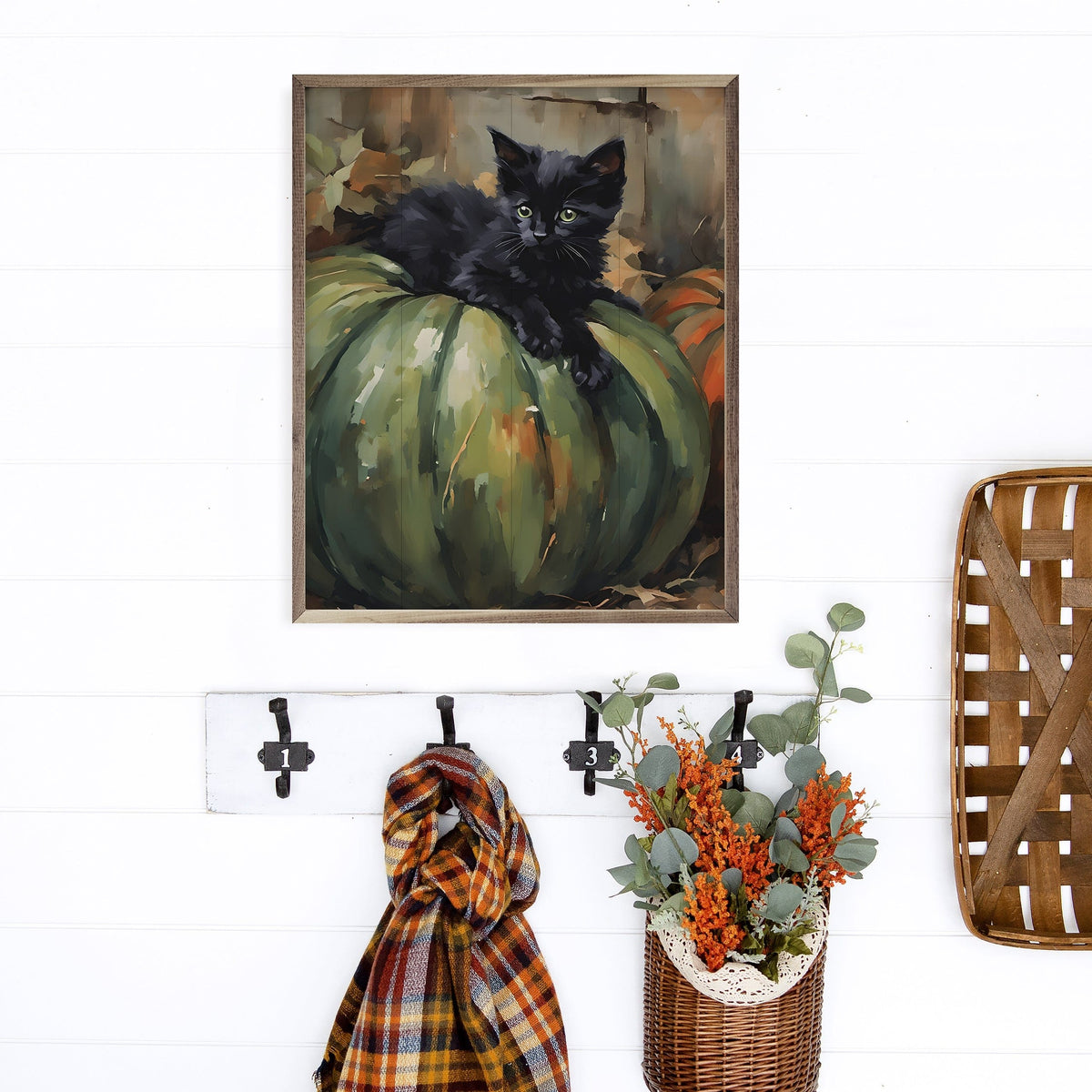 Kendrick Home Walnut Frames Kitten On Green Pumpkin Printed and Framed Wall Sign