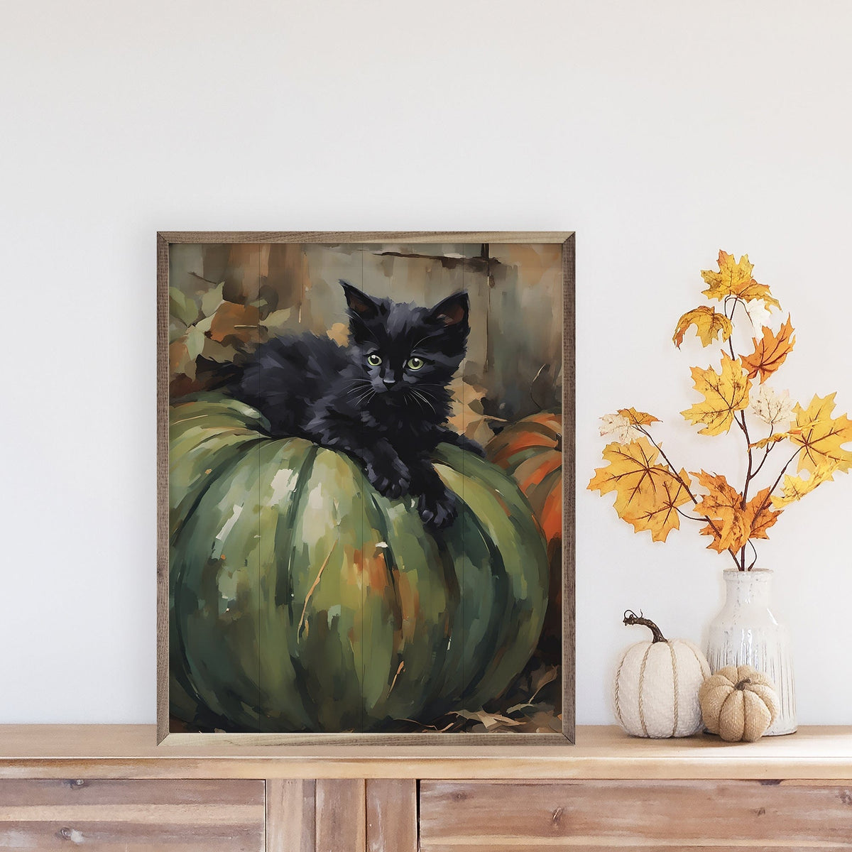Kendrick Home Walnut Frames Kitten On Green Pumpkin Printed and Framed Wall Sign