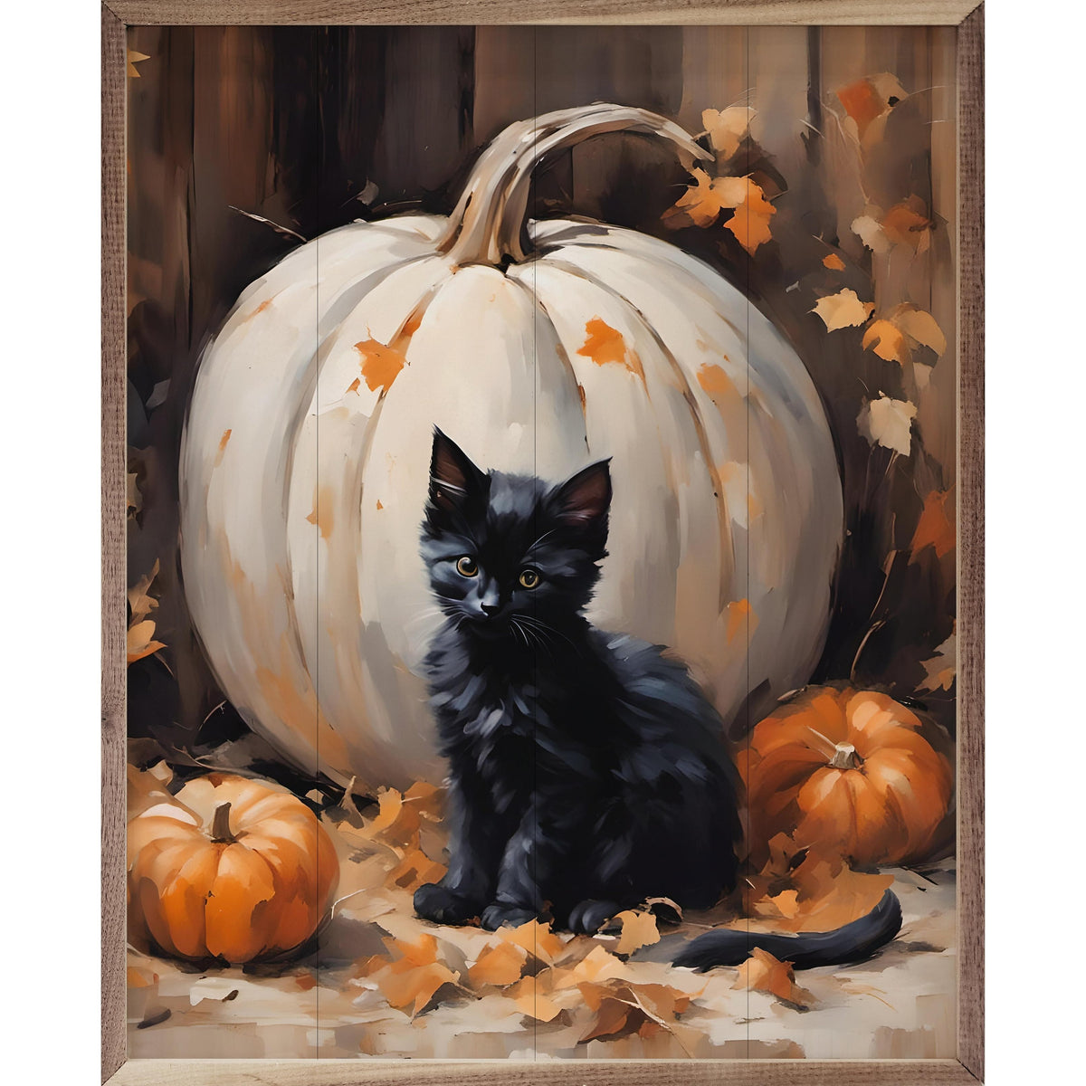 Kendrick Home Walnut Frames 8x10 Kitten With White Pumpkin Printed and Framed Wall Sign