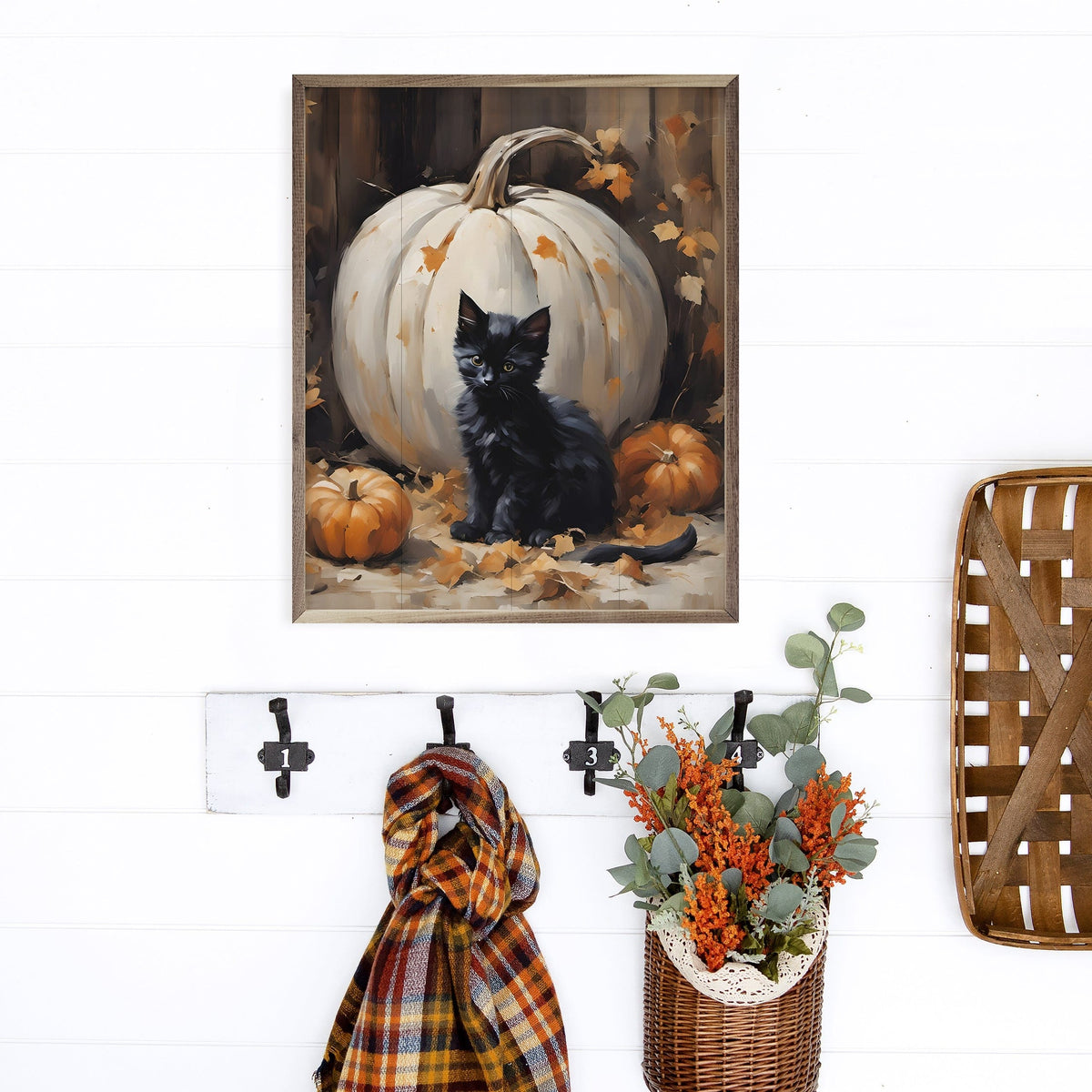 Kendrick Home Walnut Frames Kitten With White Pumpkin Printed and Framed Wall Sign