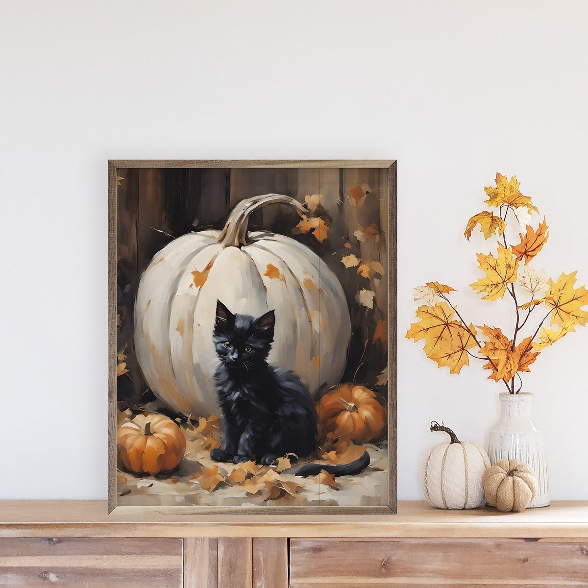 Kendrick Home Walnut Frames Kitten With White Pumpkin Printed and Framed Wall Sign
