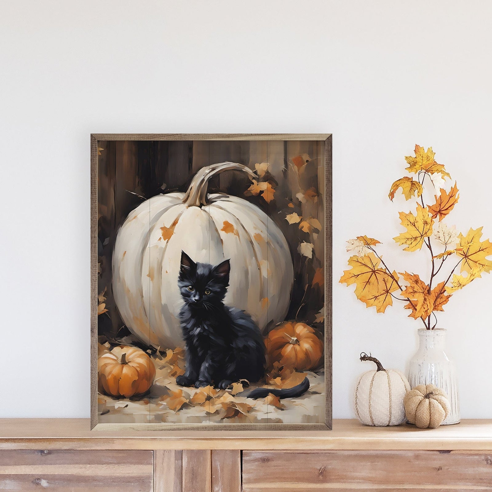 Kendrick Home Walnut Frames 8x10 Kitten With White Pumpkin Printed and Framed Wall Sign