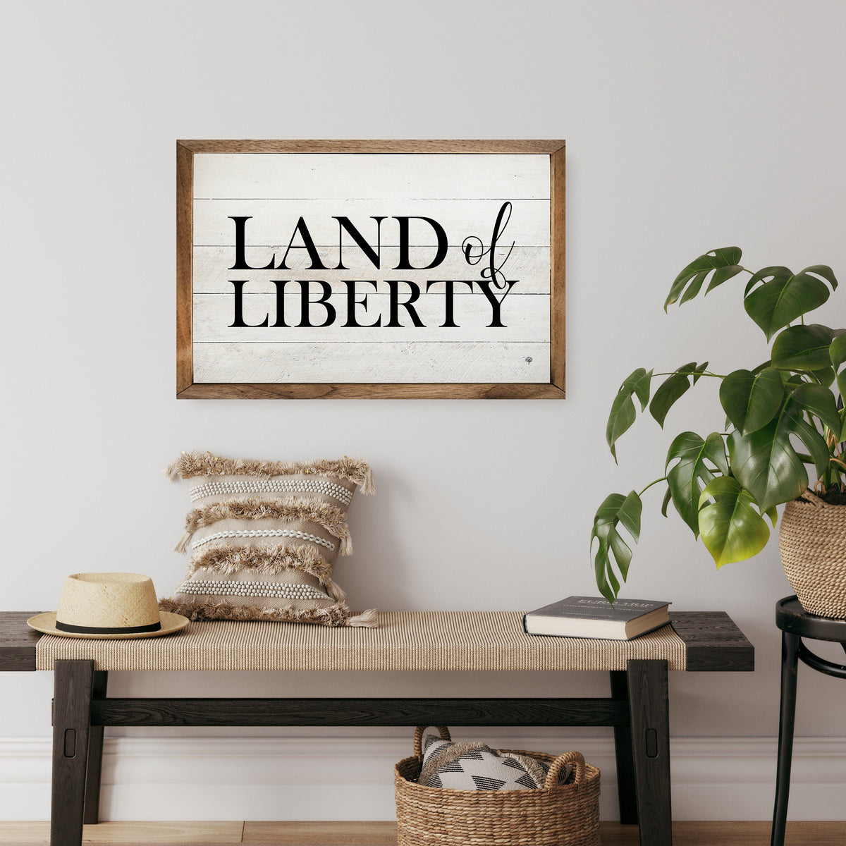 Kendrick Home Walnut Frames Land Of Liberty Whitewash Printed and Framed Wall Sign