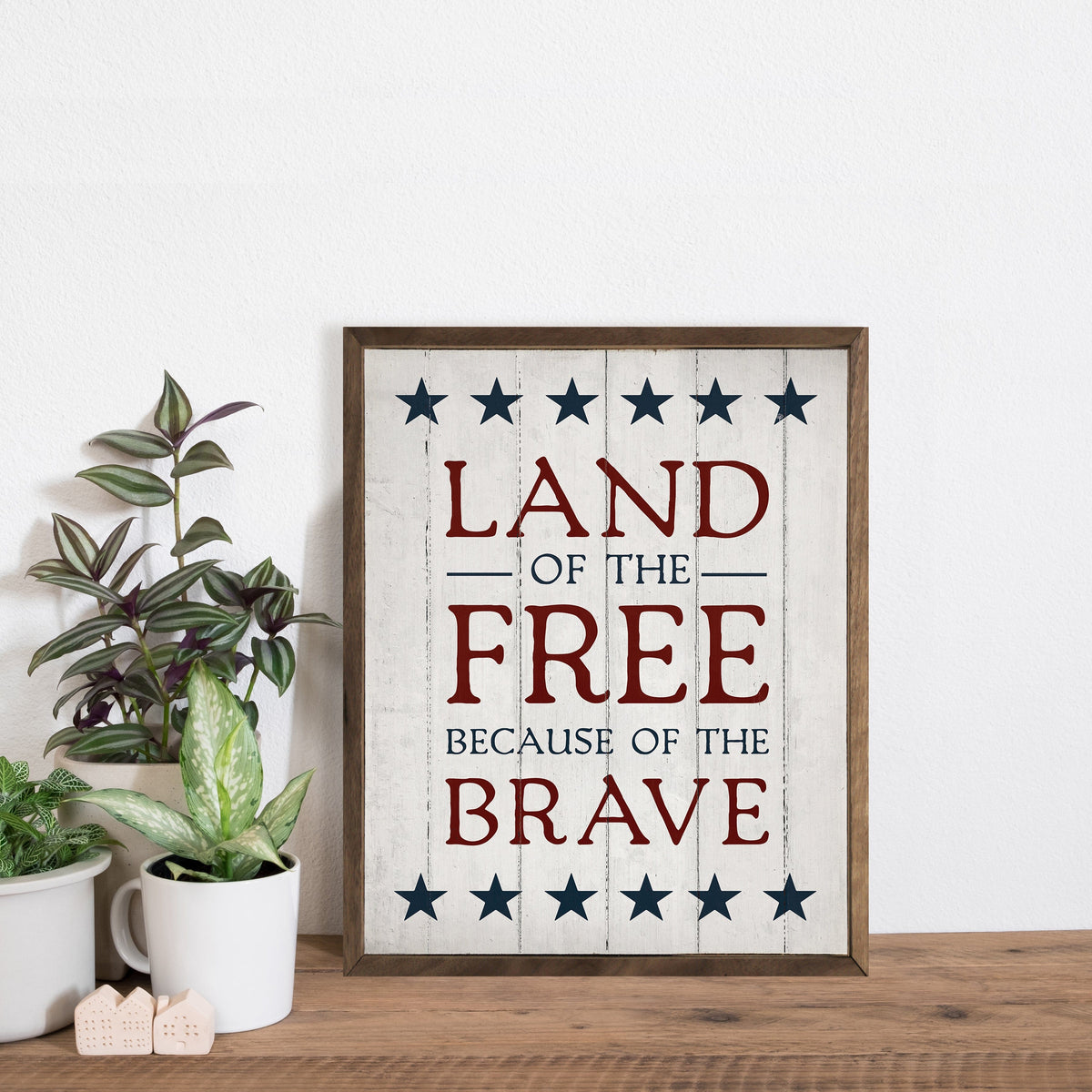 Kendrick Home Walnut Frames Land Of The Free Stars Whitewash Printed and Framed Wall Sign