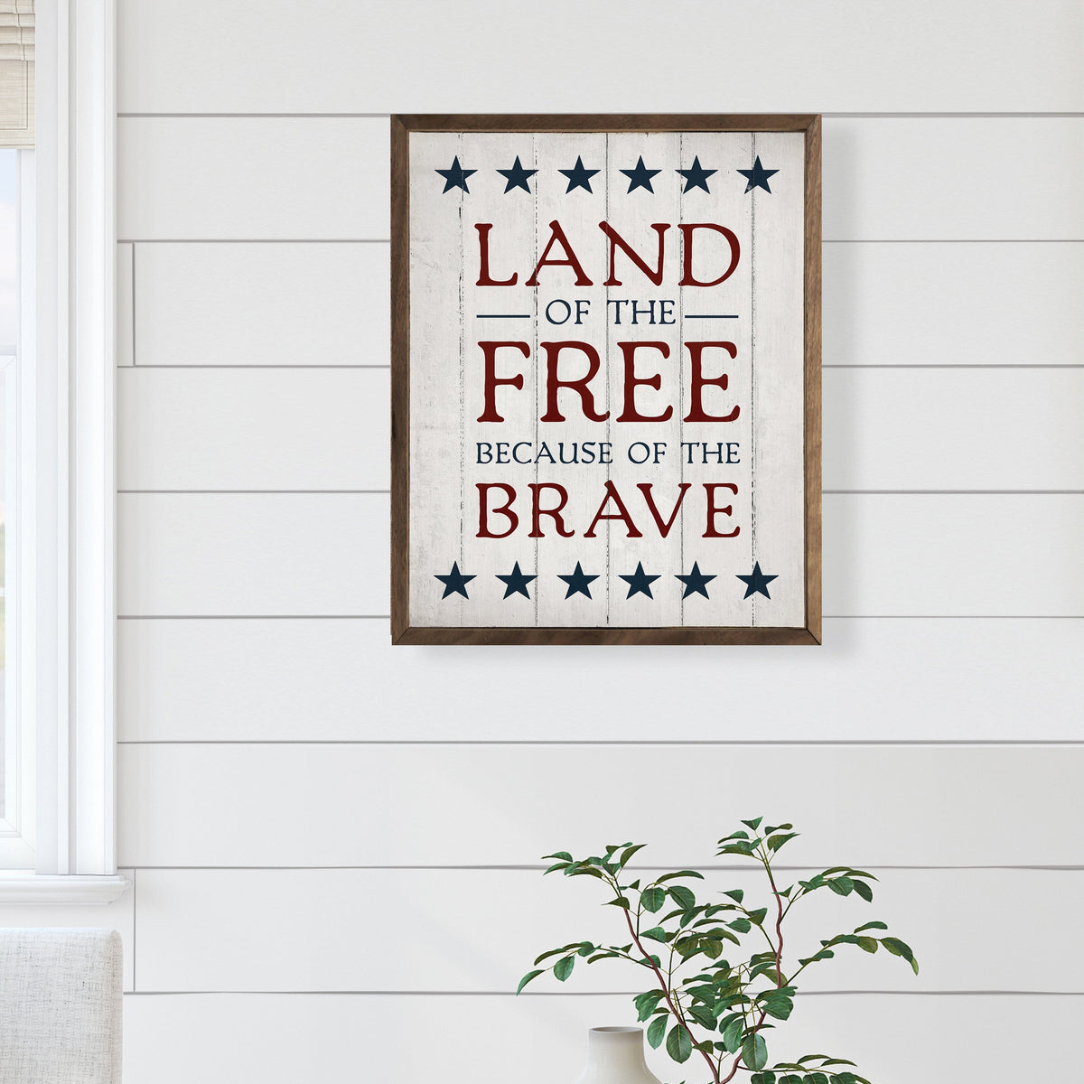 Kendrick Home Walnut Frames Land Of The Free Stars Whitewash Printed and Framed Wall Sign
